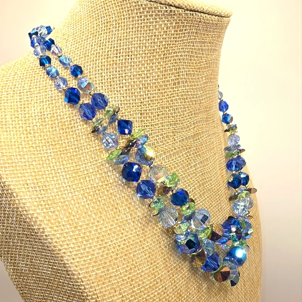 Vendome Blue Green Aurora Borealis Crystal Glass 2 Strand Bead Vintage Necklace